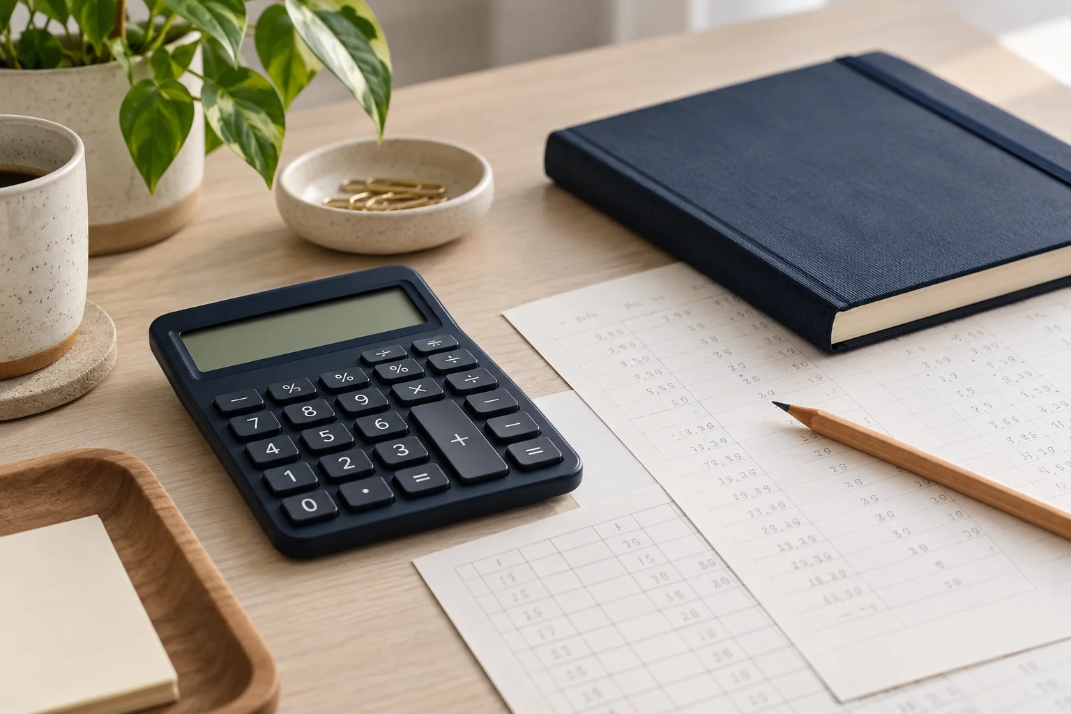 A calculator, notebook and worksheets on a quiet study desk